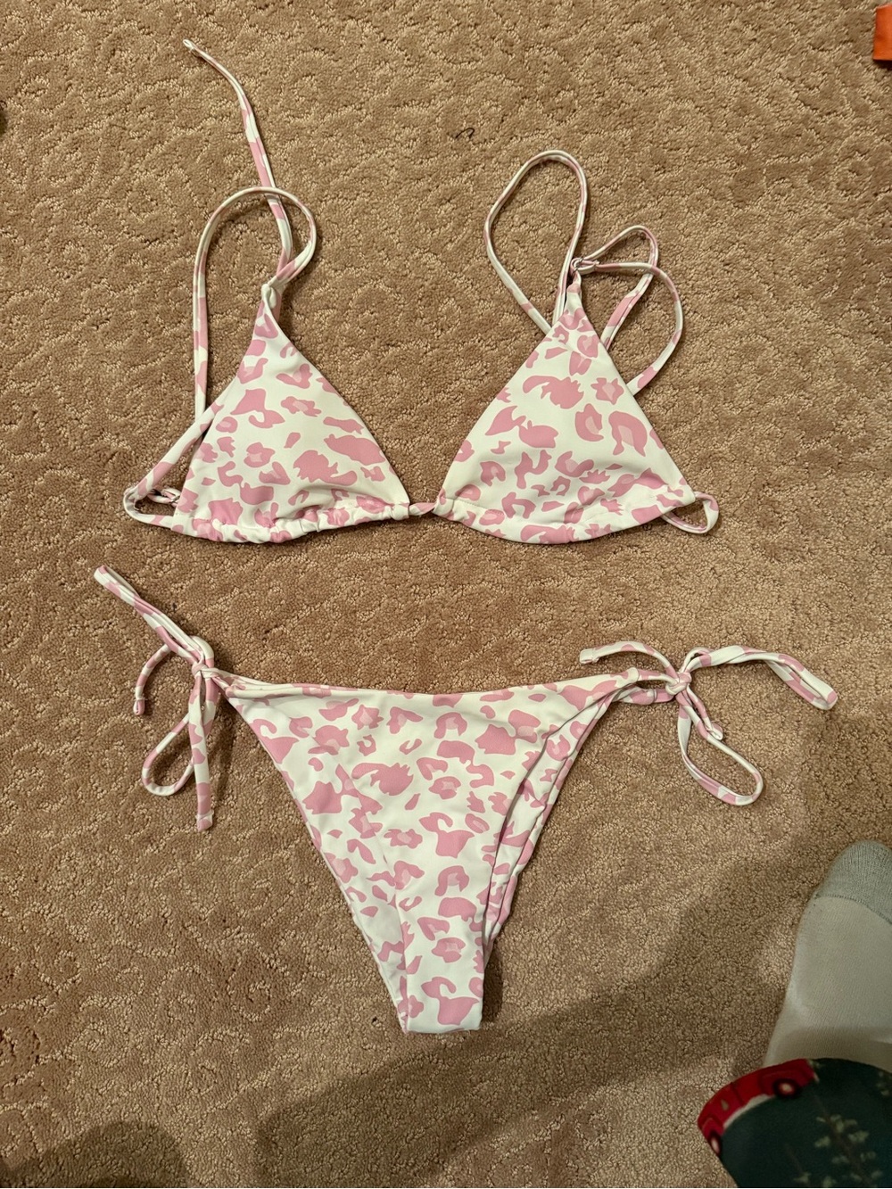 Pink & White Leopard Print Tie-Side Triangle Bikini